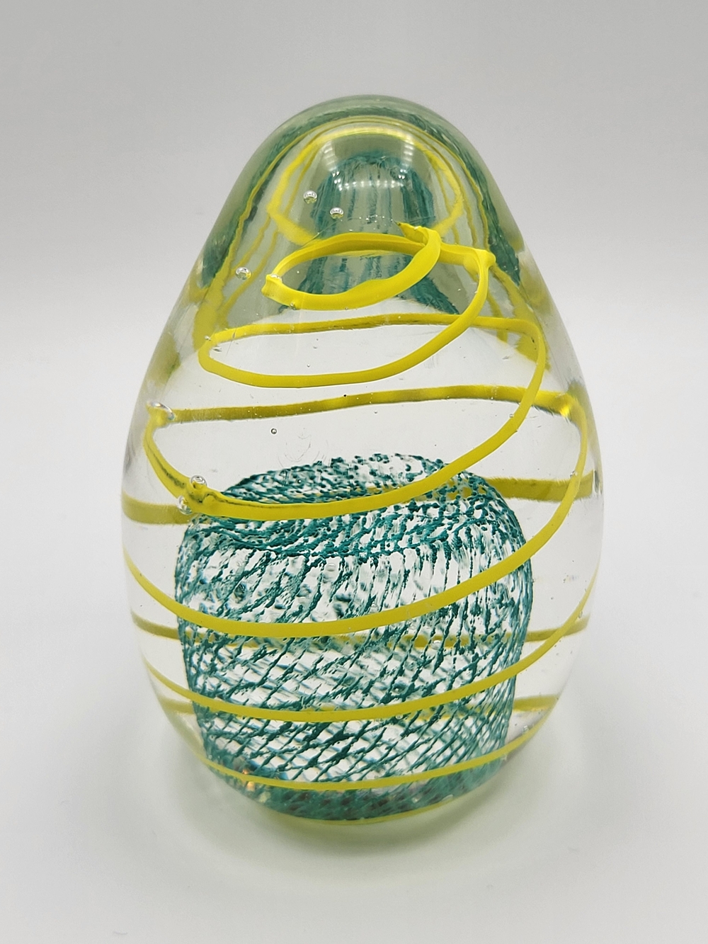 Hand-blown Art Glass Egg/Teardrop Paperweight Yellow Spiral Aqua Mesh 2.5"x3.5”